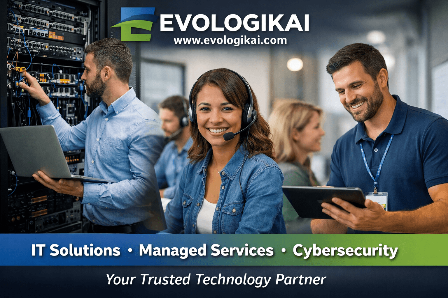 EvologikAI branded team and infrastructure support visual